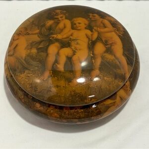 Vintage Round Decorative Trinket Box with Cherub Scene - Amber Tones